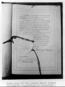 Last page of peace treaty with signature of Pres. Harding and Secy. of State Hughes dated Nov. 14, 1921 LCCN2002695748