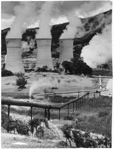 Larderello, Italy. View of cooling towers and steam transformers at Number 2 power station - NARA - 541724 photo