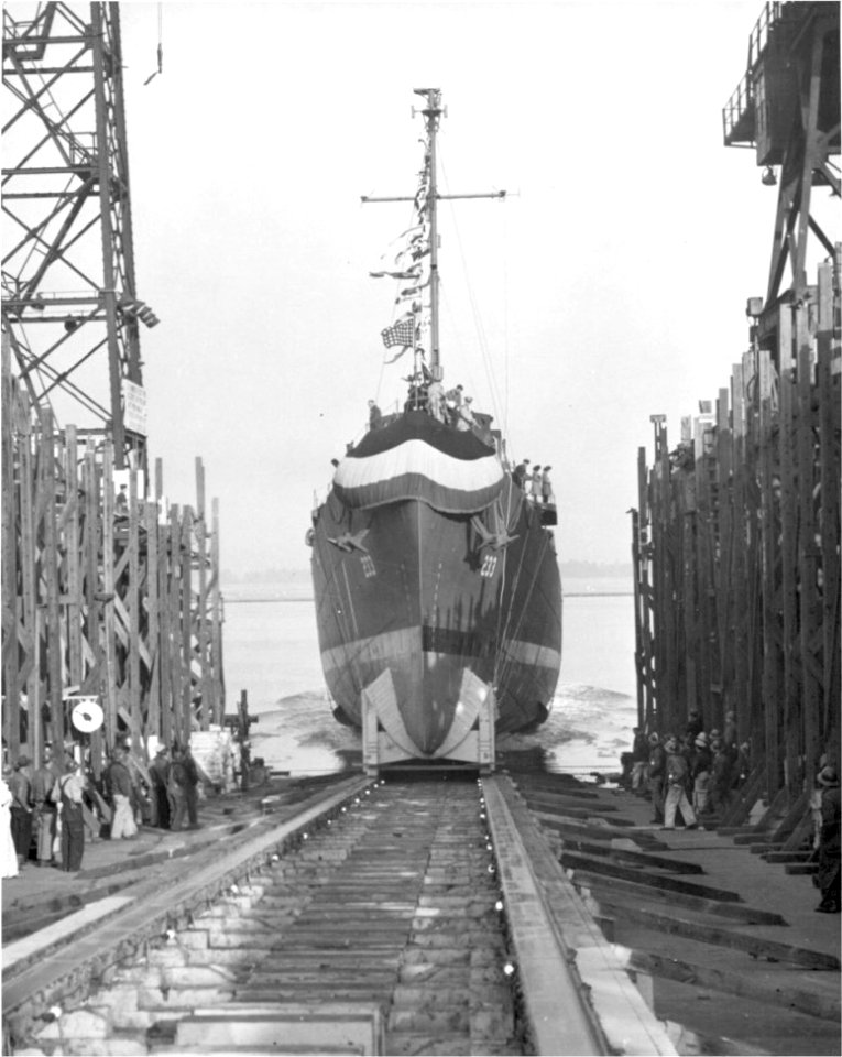 Launch of USS Register (DE-233) at the Charleston Naval Shipyard on 20 January 1944