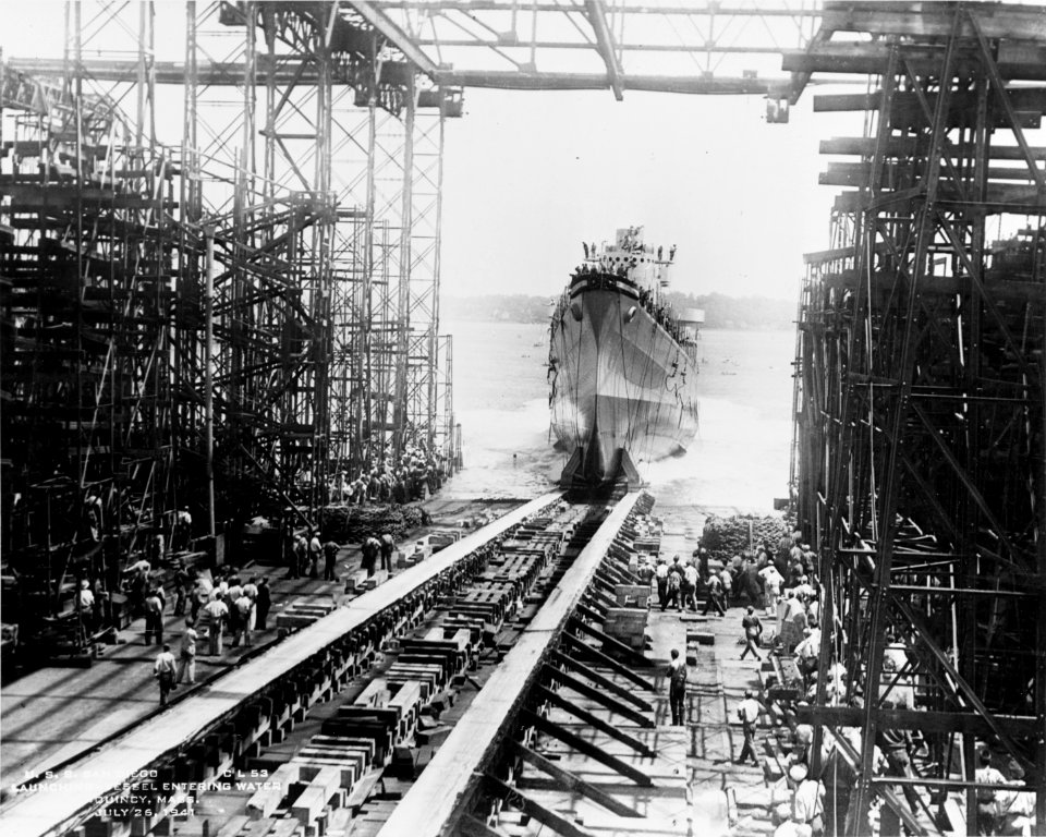 Launching of USS San Diego (CL-53) at the Fore River Shipyard on 26 July 1941 (19-N-2998)