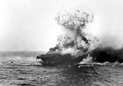 Large explosion aboard USS Lexington (CV-2), 8 May 1942 (80-G-16651)