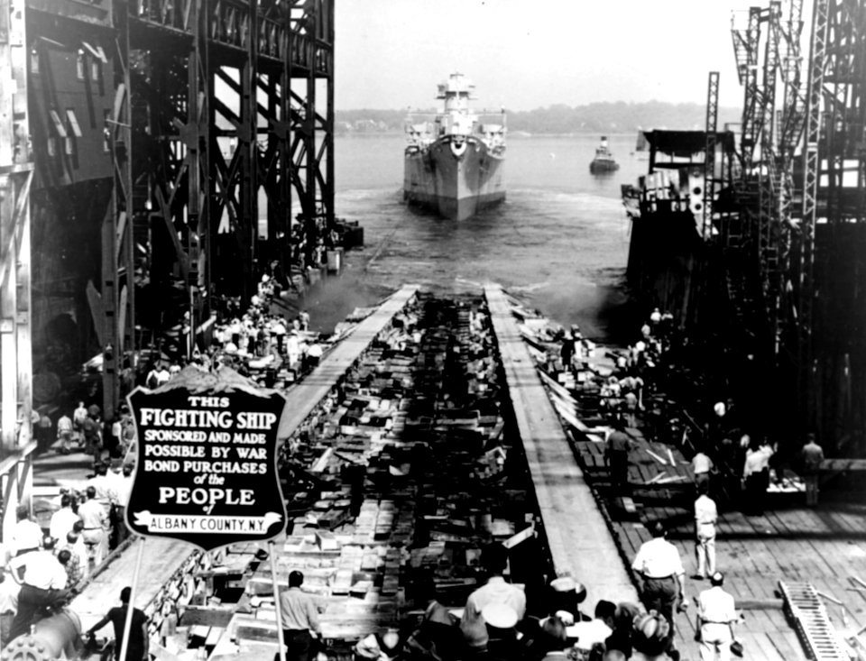 Launch of USS Albany (CA-123) at the Fore River Shipyard, Quincy, Massachusetts (USA), on 30 June 1945