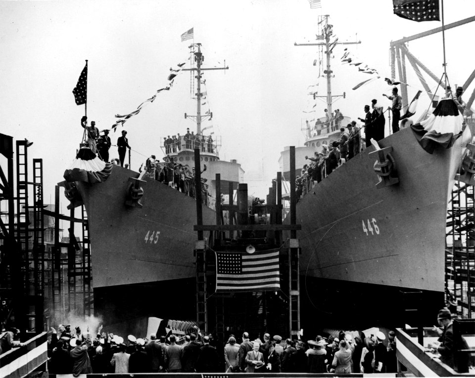 Launch of USS Fletcher (DD-445) and USS Radford (DD-446) at Federal SB&DD in May 1942