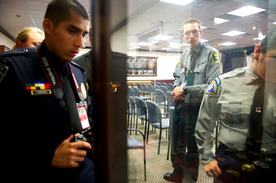 Law enforcement explorers examine
