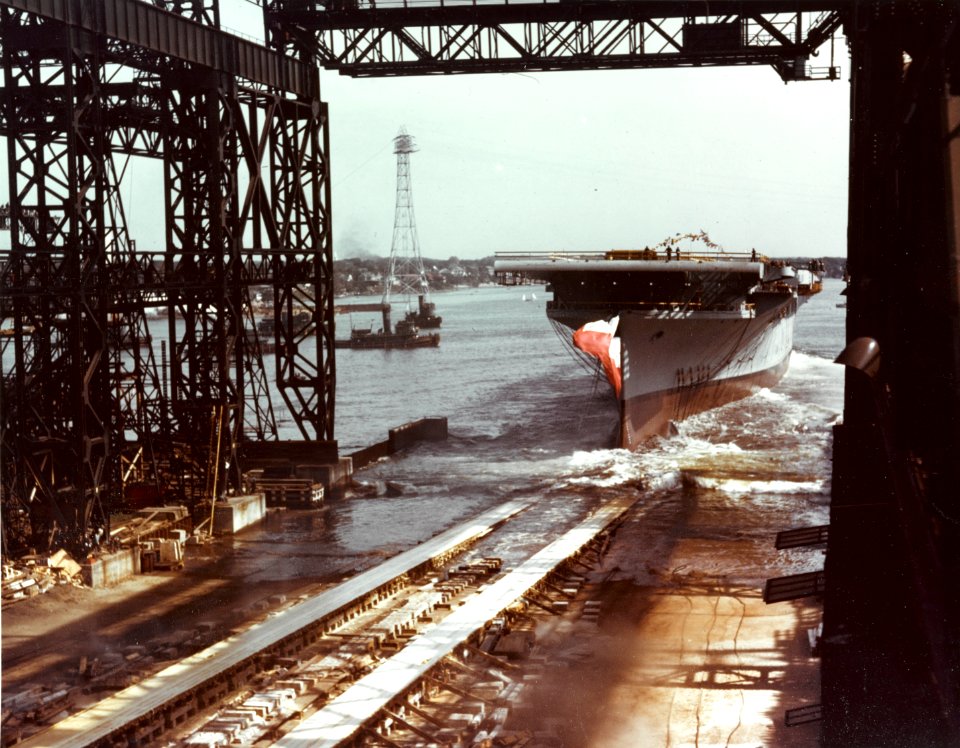 Launch of USS Lexington (CV-16) at the Fore River Shipyard on 26 September 1942
