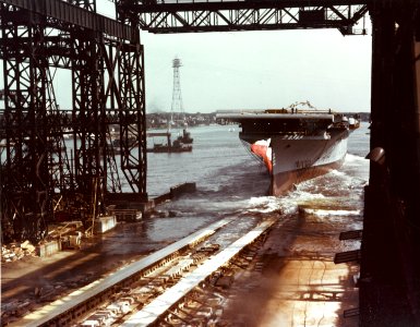 Launch of USS Lexington (CV-16) at the Fore River Shipyard on 26 September 1942