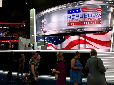Last-minute preparations by journalists and convention workers are underway at Quicken Arena before the start of the Republican National Convention in Cleveland, Ohio, July 17, 2016. The convention begins Monday