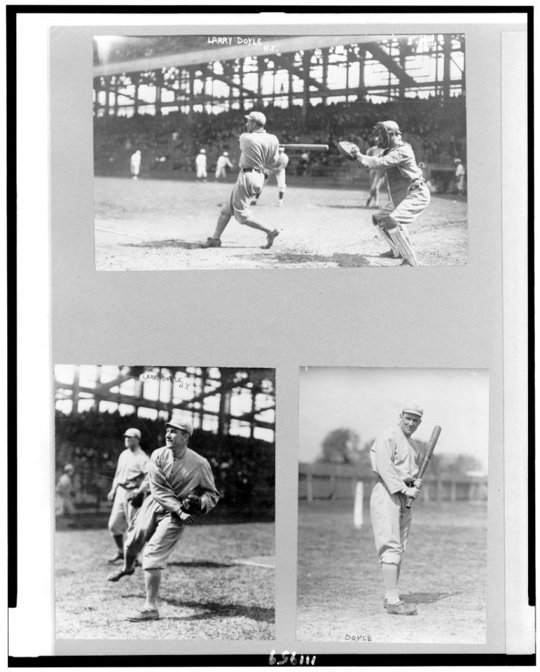 Lawrence Joseph Doyle, baseball player for New York NL, full-length, facing left, swinging bat; full-length, facing left, throwing ball; and full-length, standing, facing front, holding bat LCCN94512043