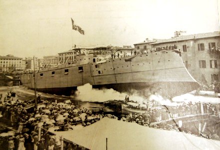 Launch of Italian Giuseppe Garibadi-class armored cruiser, Varese, August 6, 1899 (33455359866)