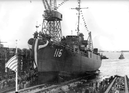 Launch of USS Francovich (APD-116) at the Bethlehem Hingham Shipyard on 5 June 1945 (1518546877980)