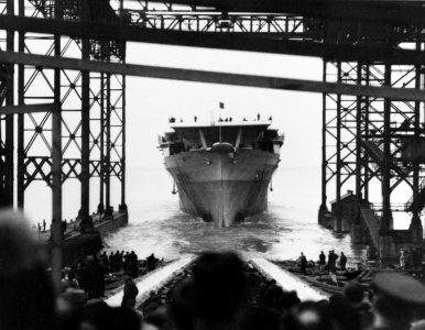 Launch of USS Ranger (CV-4) at Newport News Shipbuilding on 25 February 1933 (NH 75709)
