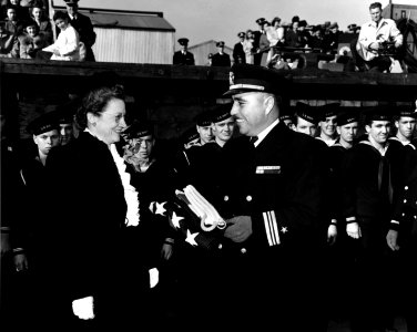 LCdr. Commander Ernest E. Evans, U.S. Navy, at the commissioning ceremonies of USS Johnston (DD-557) at Seattle, Washington (USA), on 27 October 1943 (NH 63499) photo