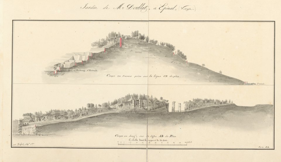 Le château d'Epinal - Plan en dépliant du Jardin de Mr Doublat à Epinal par Hogard en 1828 LV 120 PsurR