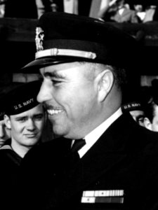 LCdr. Commander Ernest E. Evans, U.S. Navy, at the commissioning ceremonies of USS Johnston (DD-557) at Seattle, Washington (USA), on 27 October 1943 (NH 63499) (cropped) photo