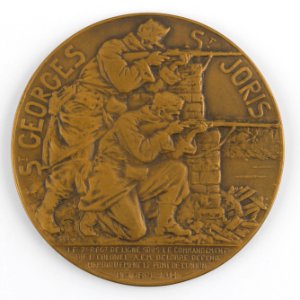 Le 7e Régiment de Ligne Défend Héroiquement le Pont de l'Union Octobre 1914, medal by Pierre Theunis, Belgium, (1939), Coins and Medals Department of the Royal Library of Belgium, 2N173 - 9 (recto)