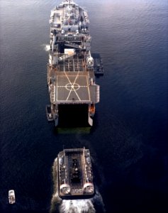 LCAC approaches USS Spiegel Grove (LSD-32) during trials in 1984