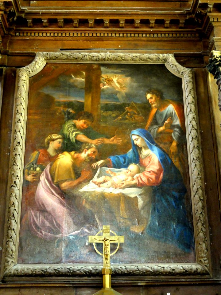 Le Bellay-en-Vexin (95), église Sainte-Marie-Madeleine, maître-autel, tableau de retable - Adoration des bergers