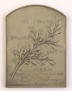 Le Personnel le la Cie du Gaz Section Ixelles à leur Collègue J. Destrebecq 1914, plaquette by Pierre Theunis, Belgium, 1919, Coins and Medals Department of the Royal Library of Belgium, 2Lef98-7 (verso)