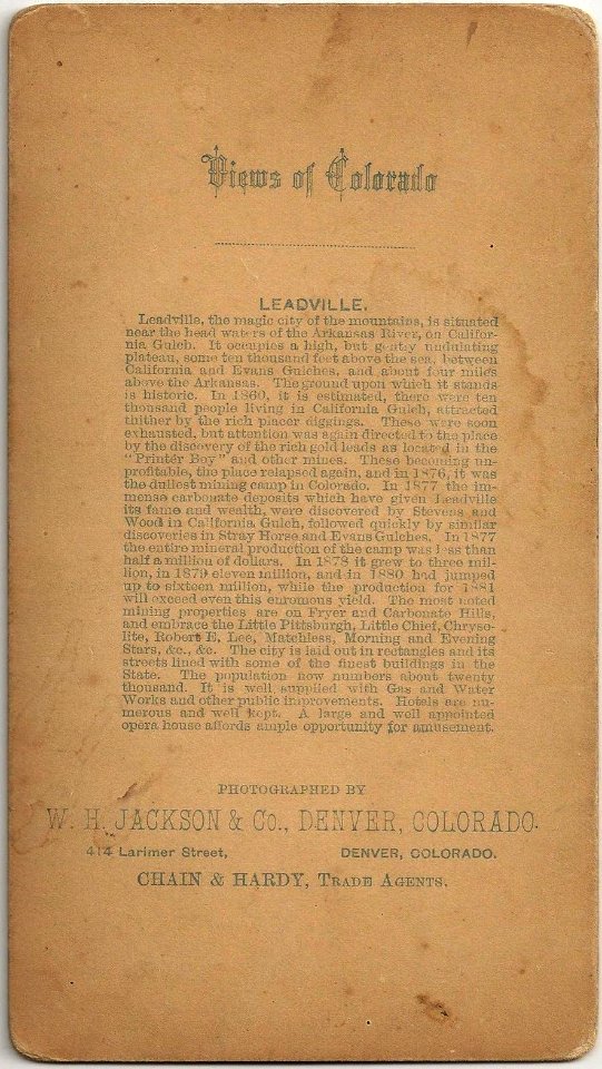 Leadville Stereoview by WH Jackson c1890 - verso