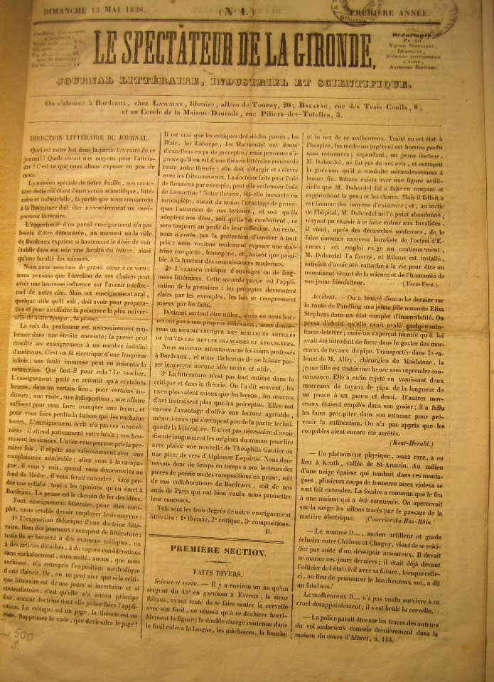 Le Spectateur de la Gironde n°1 13-05-1838