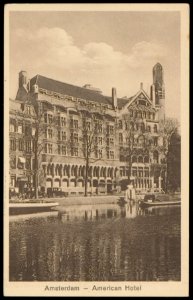 Leidskade met de zijkant van het American Hotel aan het Leidseplein. Uitgave J. Sleding, Amsterdam, Afb PBKD00093000001