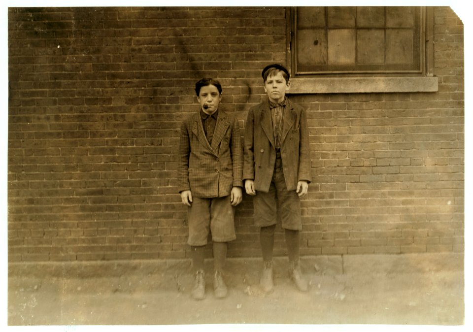 Left hand boy Zeke Gosselin, 95 Main St. Been in mill one year. Other boy Philip Lesard, 68 Elm Street. Been in mill three years. W(or)king in G(rea)t Falls M(anu)f(acturin)g Co. LOC nclc.01750