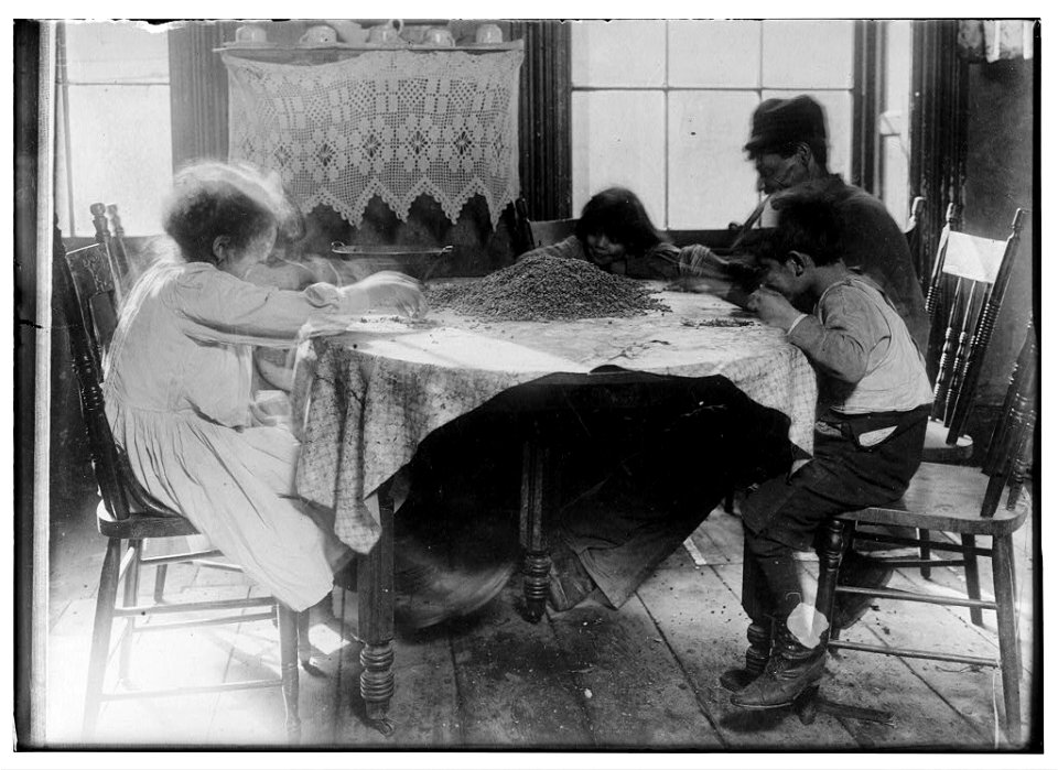 Left to right- Florence Lieto, 10 years old. Jennie Macola, 10 years old (hidden) Mamie Macola, 8 years old. Nicholas Macola, 6 years old. Picking coffee sweepings. The sweepings cost 25 LOC nclc.05454