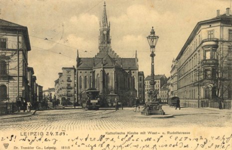 Leipzig, Sachsen - Kath. Kirche mit Weststraße und Rudolfstraße (Zeno Ansichtskarten)