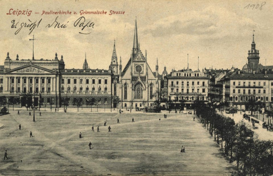 Leipzig, Sachsen - Paulinerkirche und Grimmaische Straße (Zeno Ansichtskarten)