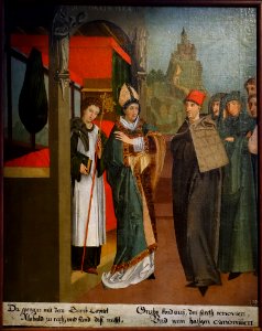 Legend of St. Regiswindis, No. 5, Canonization by the Bishop of Wurzburg, Lauffen am Neckar, Kreis Heilbronn, copy c. 1620 of the 1477 original - Landesmuseum Württemberg - Stuttgart, Germany - DSC03007