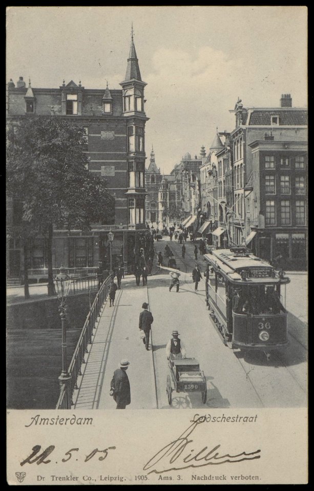 Leidsestraat gezien van Prinsengracht naar Leidseplein. Uitgave Dr. Trenkler co. Leipzig, Afb PBKD00276000004