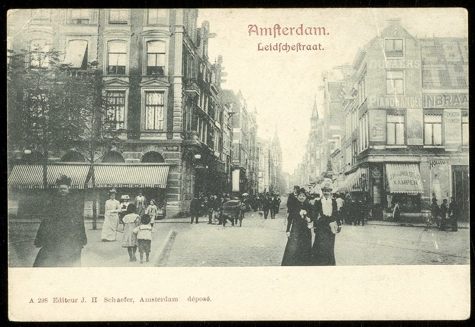 Leidsestraat tussen Leidseplein 1-3. Uitgave J.H. Schaefer, Amsterdam, Afb ANWU01713000004