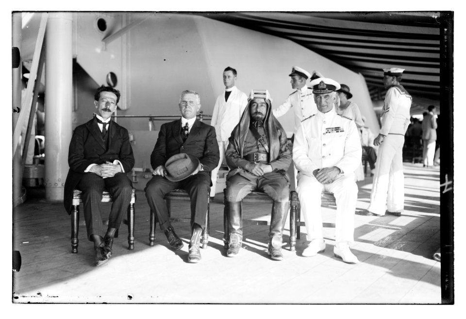 Left to right Sir Herbert Samuel, Mr. Abramson, District Commissioner of Northern District; Emir Abdullah of Transjordan, and Admiral de Roebeck on board the Iron Duke, 1921 LOC matpc.08388