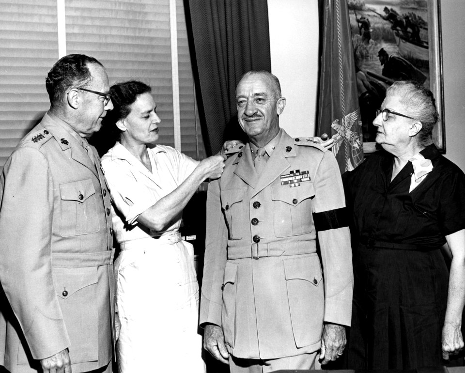 Leonard B. Cresswell retirement ceremony on June 29, 1956 with Randolph M. Pate, wife Emilia and sister May Cresswell