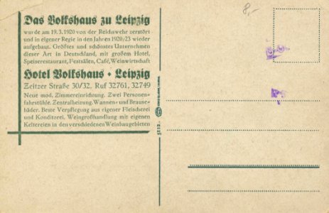 Leipzig, Sachsen - Volkshaus (back) (Zeno Ansichtskarten)