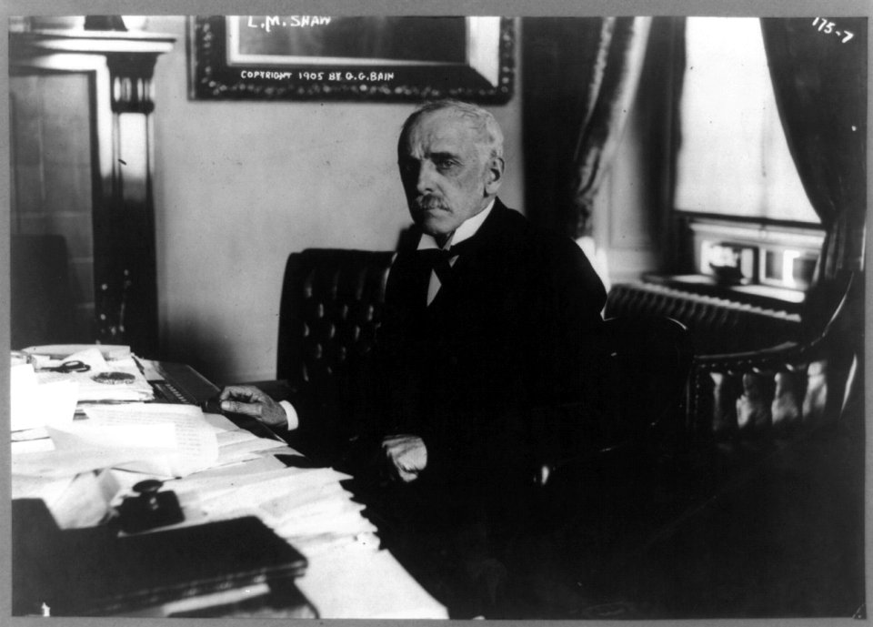 Leslie M. Shaw, half-length portrait, seated at desk, facing left LCCN93511281