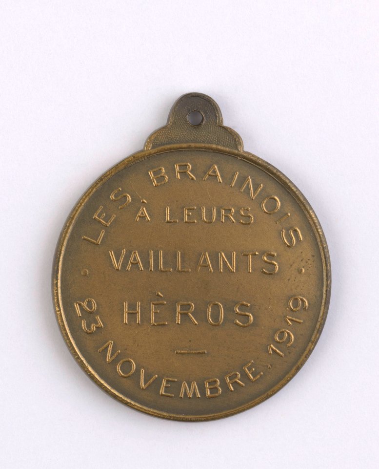 Les Brainois à leurs Vaillants Héros 23 Novembre 1919, medal by Pierre Theunis, Belgium, 1918, Coins and Medals Department of the Royal Library of Belgium, 2Lef96-17 (verso)