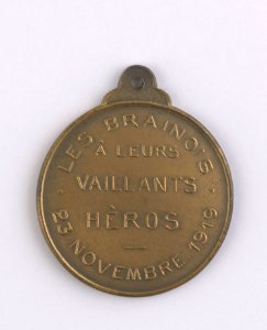 Les Brainois à leurs Vaillants Héros 23 Novembre 1919, medal by Pierre Theunis, Belgium, 1918, Coins and Medals Department of the Royal Library of Belgium, 2Lef96-17 (verso)