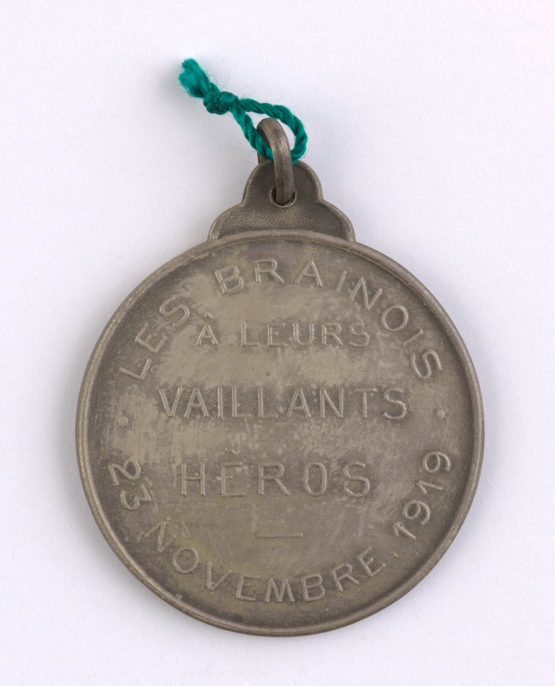 Les Brainois à leurs Vaillants Héros 23 Novembre 1919, medal by Pierre Theunis, Belgium, 1919, Coins and Medals Department of the Royal Library of Belgium, 2Lef96-9 (verso)