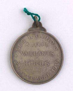 Les Brainois à leurs Vaillants Héros 23 Novembre 1919, medal by Pierre Theunis, Belgium, 1919, Coins and Medals Department of the Royal Library of Belgium, 2Lef96-9 (verso)