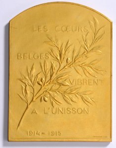 Les Coeurs Belges Vibrent à l'Unisson 1914-1915, plaquette by Pierre Theunis, Belgium, 1915, Coins and Medals Department of the Royal Library of Belgium, 2Lef 24 - 68 (verso)