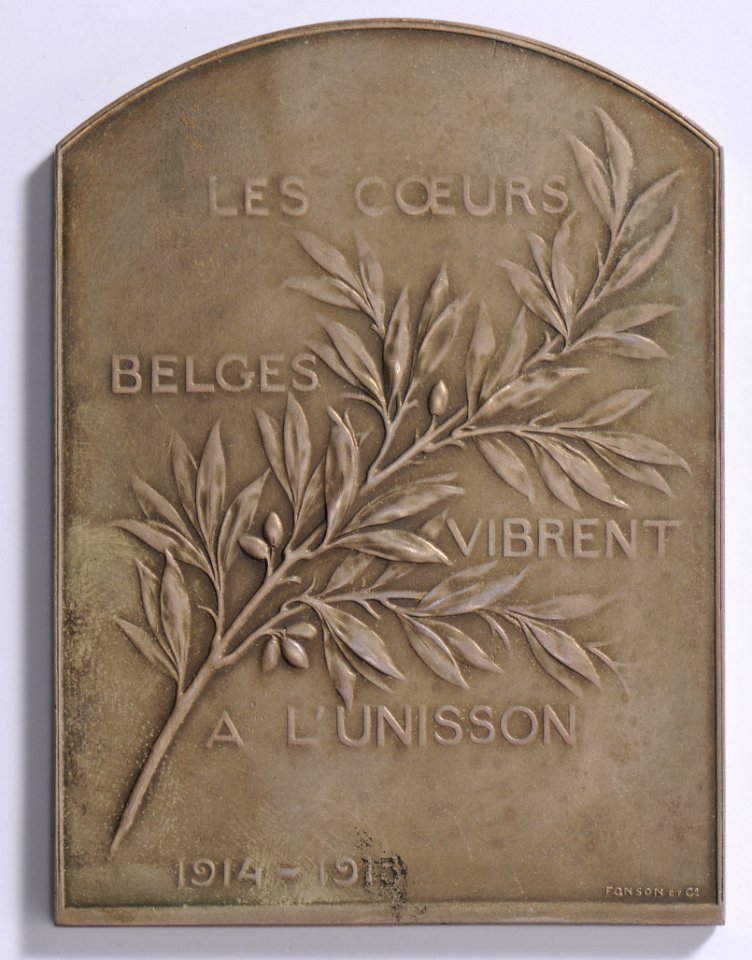 Les Coeurs Belges Vibrent à l'Unisson 1914-1915, plaquette by Pierre Theunis, Belgium, 1915, Coins and Medals Department of the Royal Library of Belgium, 2Lef 24 - 70 (verso)