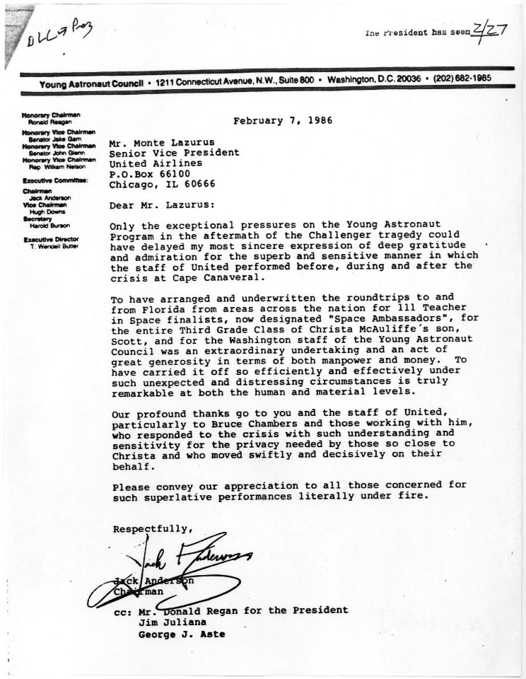 Letter from Jack Anderson (chairman, Young Astronaut Council) to Monte Lazarus (Senior Vice President, United Airlines) - NARA - 198430