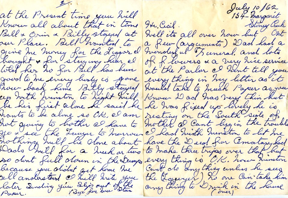 Letter to Cecil White re fathers death