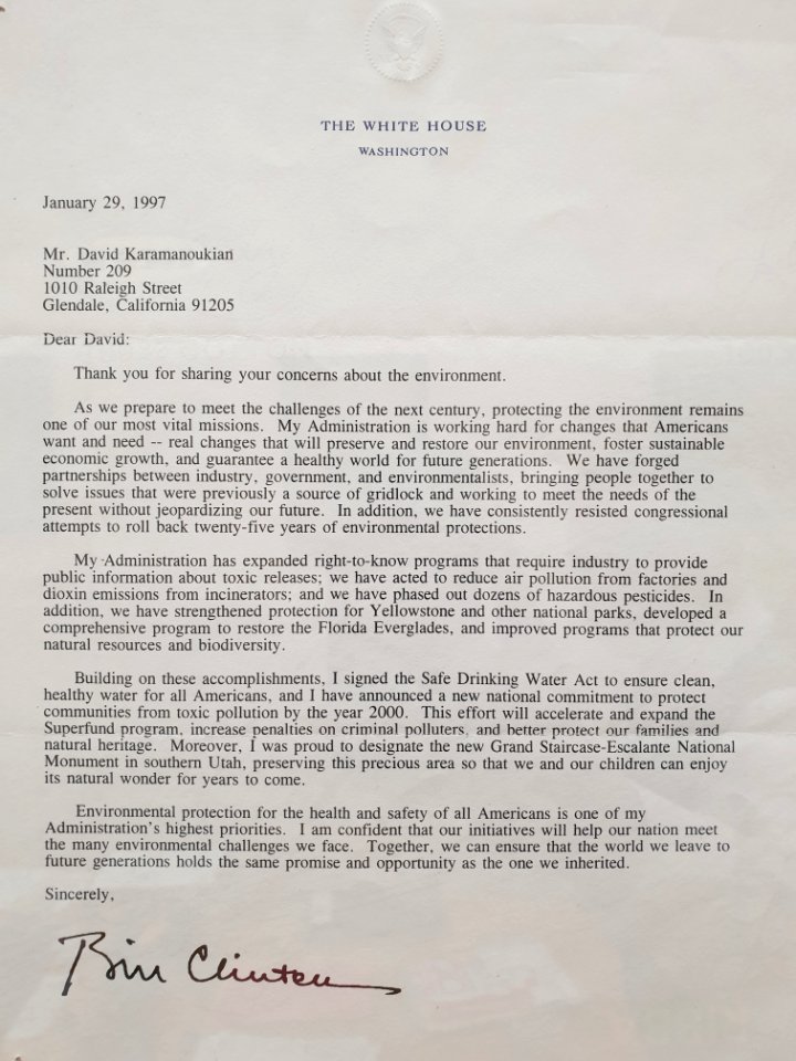 Letter from the White House (Clinton to Karamanukyan, 1997)