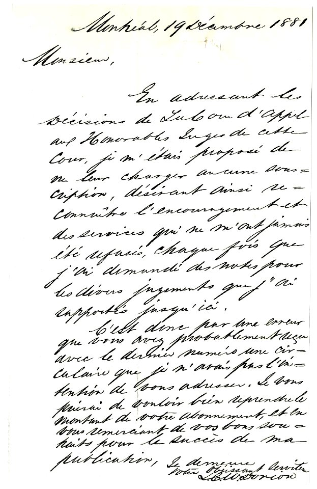 Lettre d'Antoine-Aimé Dorion à Ulric-Joseph Tessier 19 décembre 1881