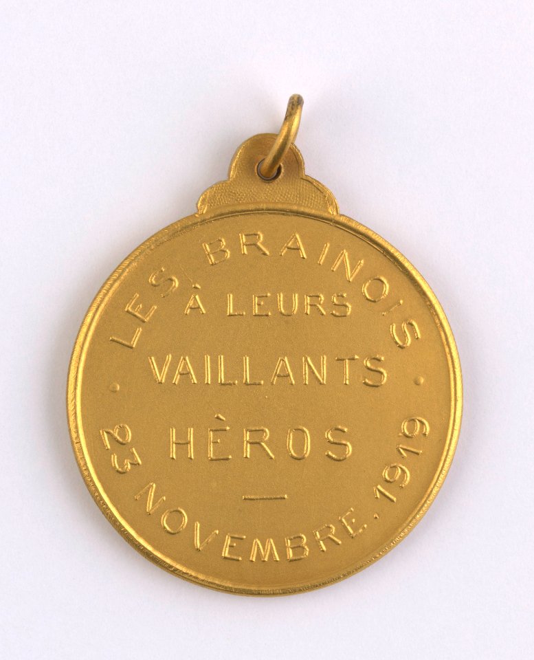 Les Brainois à leurs Vaillants Héros 23 Novembre 1919, medal by Pierre Theunis, Belgium, 1919, Coins and Medals Department of the Royal Library of Belgium, 2Lef96-10 (verso)