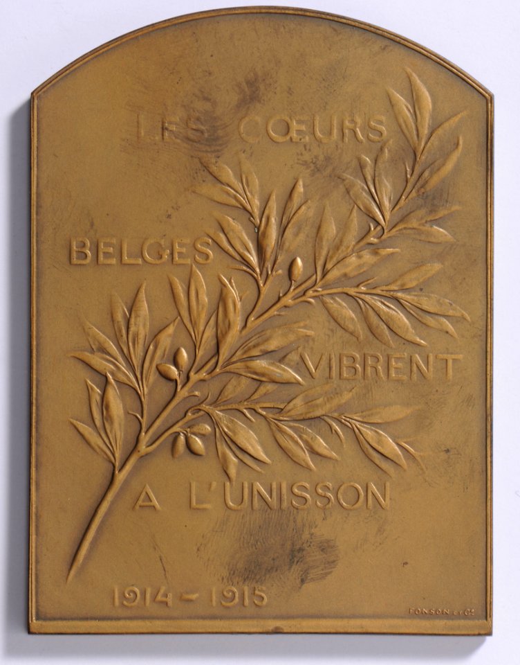 Les Coeurs Belges Vibrent à l'Unisson 1914-1915, plaquette by Pierre Theunis, Belgium, 1915, Coins and Medals Department of the Royal Library of Belgium, 2Lef 24 - 69 (verso)
