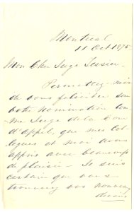 Lettre d'Antoine-Aimé Dorion à Ulric-Joseph Tessier 11 octobre 1875-1