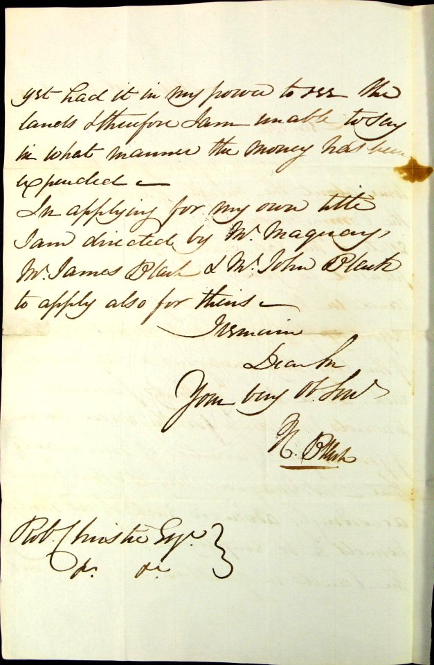 Lettre de Henry Black à Robert Christie, écuyer, afin d'obtenir ses titres de propriété et ceux de McKay (Maquay), James Black et John Black pour des terres situées dans la sixième concession de la seigneurie Saint-Gabriel-2